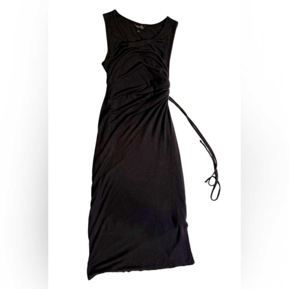 Black Ribbed Side Tie Midi Dress | large | Goldray
